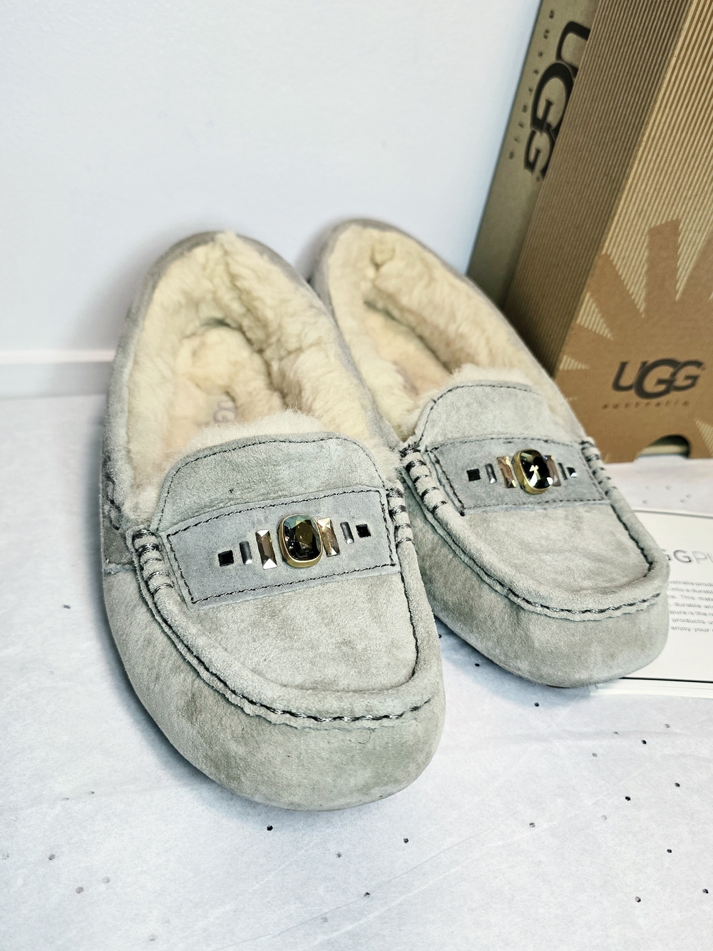 UGG Ansley Chunky Grey Slippers With With Swarovski Crystals